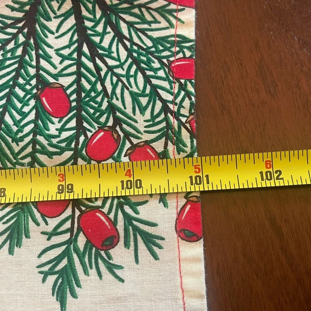 Vintage Christmas Botanical Cotton Tablecloth 101x56 Red Ribbon Greenery Print